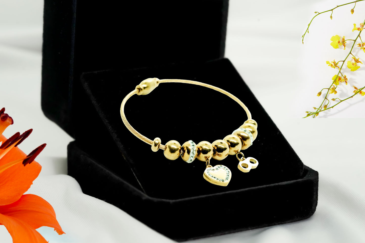 Gold Infinity Heart Charm Bangle